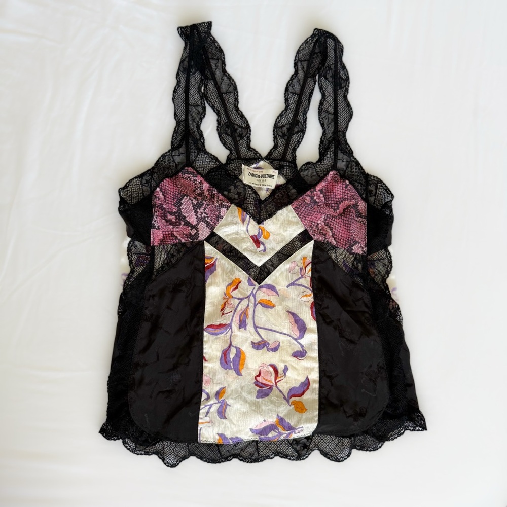 2022 Zadig & Voltaire Chou Mix Patchwork Silk Lace Trim Top Blouse Sleeveless
